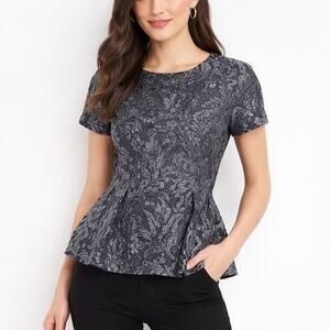 Ann Taylor Petite Black Jacquard Pleated Blouse Top S/P